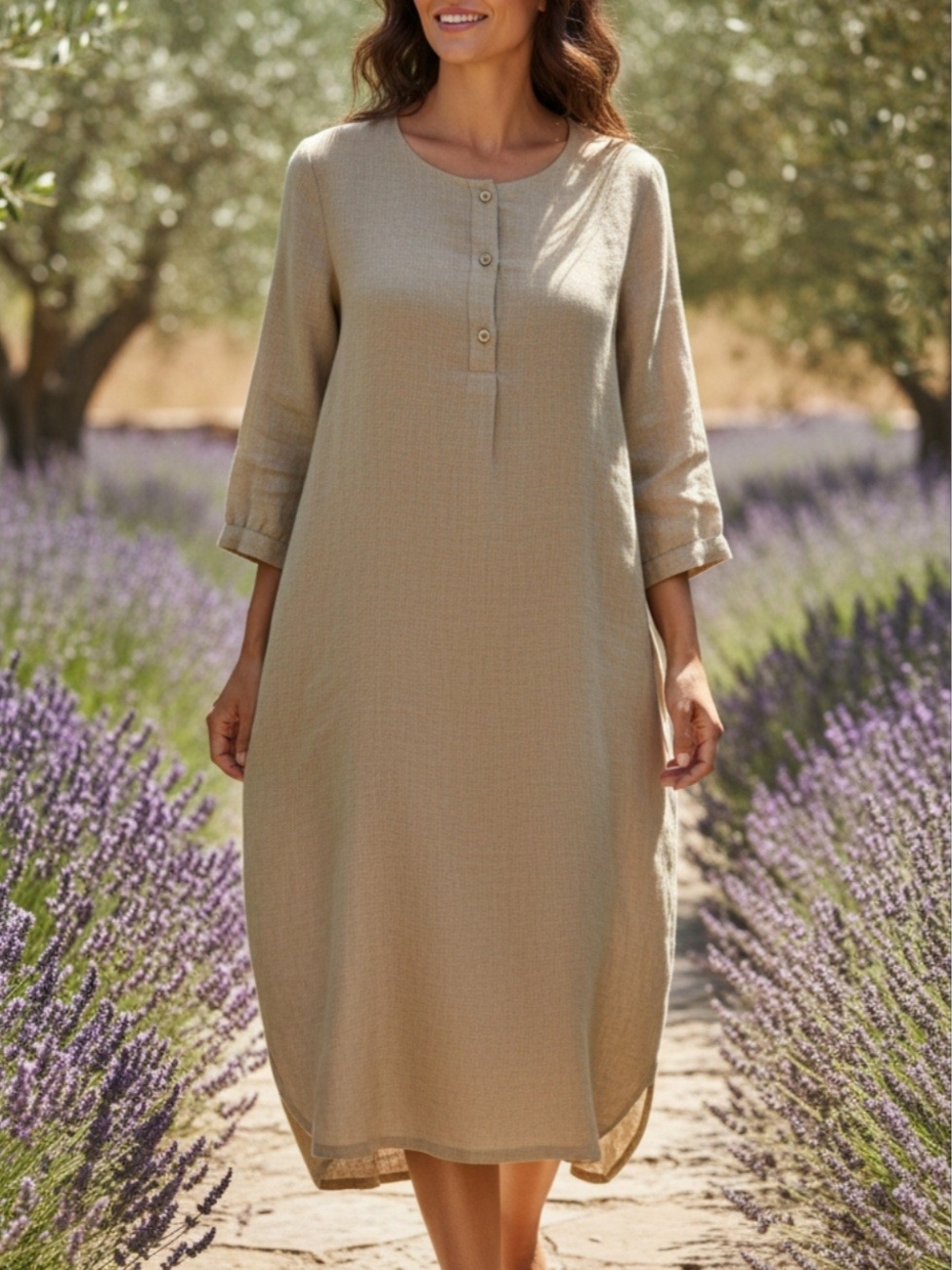 Soft Surroundings  Buttoned Linen-Blend Midi Dress